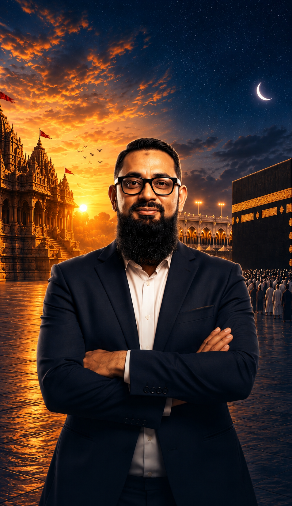 Salahuddin Patel between a Hindu temple and the Kaaba